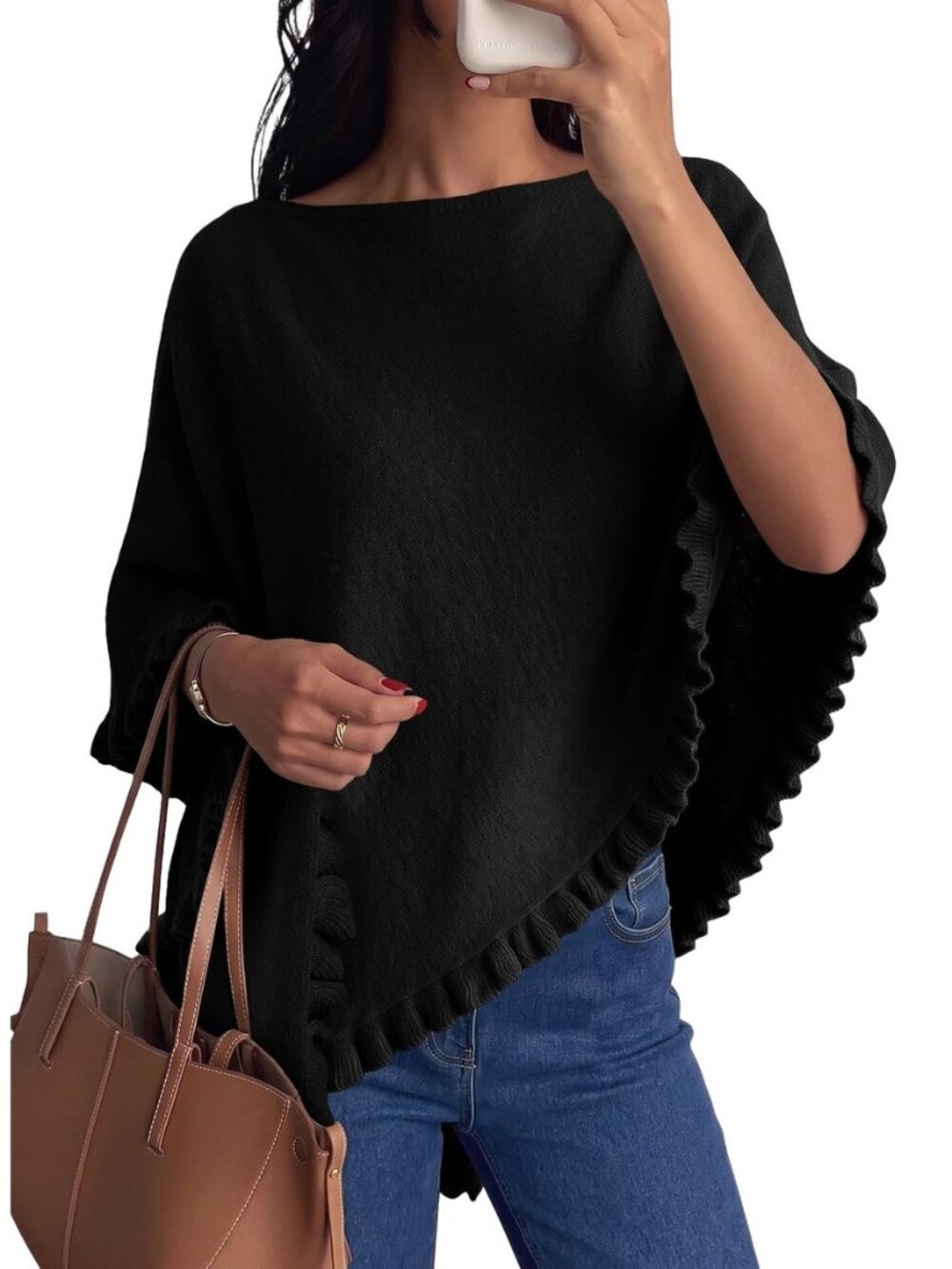 Womens Lightweight Knit Poncho Sweater Elegant Ruffle Hem Fall Tops
